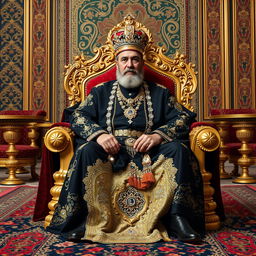 A stunning portrayal of Naser al-Din Shah Qajar seated regally in the Golestan Palace