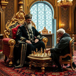 A magnificent scene depicting Naser al-Din Shah Qajar in the Golestan Palace, dressed in a beautifully ornate black outfit adorned with diamonds and gold accents