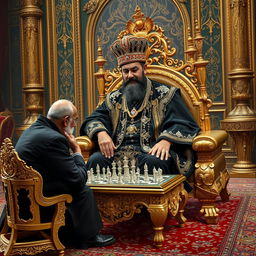 A magnificent scene depicting Naser al-Din Shah Qajar in the Golestan Palace, dressed in a beautifully ornate black outfit adorned with diamonds and gold accents