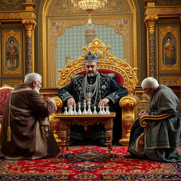 A magnificent scene depicting Naser al-Din Shah Qajar in the Golestan Palace, dressed in a beautifully ornate black outfit adorned with diamonds and gold accents