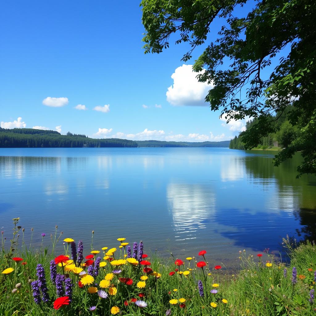 A serene and picturesque landscape featuring a smooth, calm lake reflecting a clear blue sky