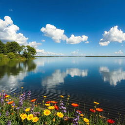 A serene and picturesque landscape featuring a smooth, calm lake reflecting a clear blue sky