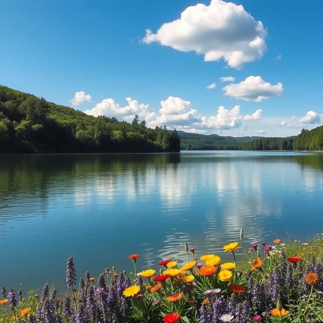 A serene and picturesque landscape featuring a smooth, calm lake reflecting a clear blue sky