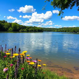A serene and picturesque landscape featuring a smooth, calm lake reflecting a clear blue sky