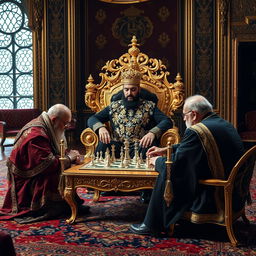 A captivating scene featuring Naser al-Din Shah Qajar in the Golestan Palace, dressed in an exquisite black outfit adorned with intricate patterns of diamonds and gold