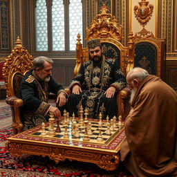 A captivating scene featuring Naser al-Din Shah Qajar in the Golestan Palace, dressed in an exquisite black outfit adorned with intricate patterns of diamonds and gold