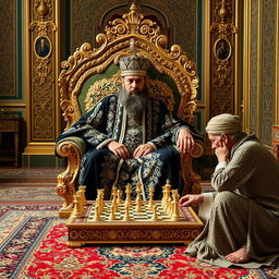 A captivating scene featuring Naser al-Din Shah Qajar in the Golestan Palace, dressed in an exquisite black outfit adorned with intricate patterns of diamonds and gold