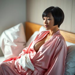 A cute 32-year-old woman with mixed facial features from France and Japan, standing three feet away from her son's bed, adoringly staring at her sleeping son