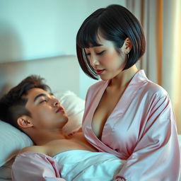 A cute 32-year-old woman with mixed facial features from France and Japan, standing three feet away from her son's bed, adoringly staring at her sleeping son