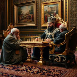 A captivating scene featuring Naser al-Din Shah Qajar in the Golestan Palace, dressed in an elegantly crafted black outfit adorned with intricate diamonds and gold accents