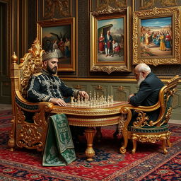 A captivating scene featuring Naser al-Din Shah Qajar in the Golestan Palace, dressed in an elegantly crafted black outfit adorned with intricate diamonds and gold accents