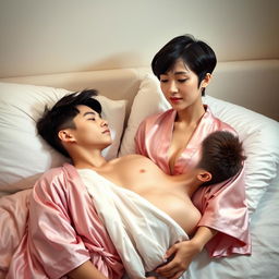 A cute 32-year-old woman with mixed French and Japanese features, standing three feet away from her son's bed, adoringly staring at her sleeping son
