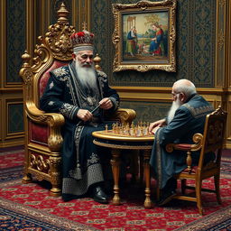 A stunning scene representing an older Naser al-Din Shah Qajar in the Golestan Palace, dressed in a magnificent black outfit intricately adorned with diamonds and gold embellishments