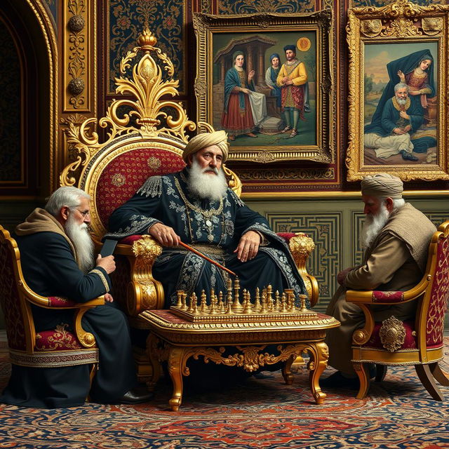 A stunning scene representing an older Naser al-Din Shah Qajar in the Golestan Palace, dressed in a magnificent black outfit intricately adorned with diamonds and gold embellishments