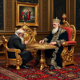 A stunning scene representing an older Naser al-Din Shah Qajar in the Golestan Palace, dressed in a magnificent black outfit intricately adorned with diamonds and gold embellishments