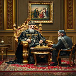 A stunning scene representing an older Naser al-Din Shah Qajar in the Golestan Palace, dressed in a magnificent black outfit intricately adorned with diamonds and gold embellishments