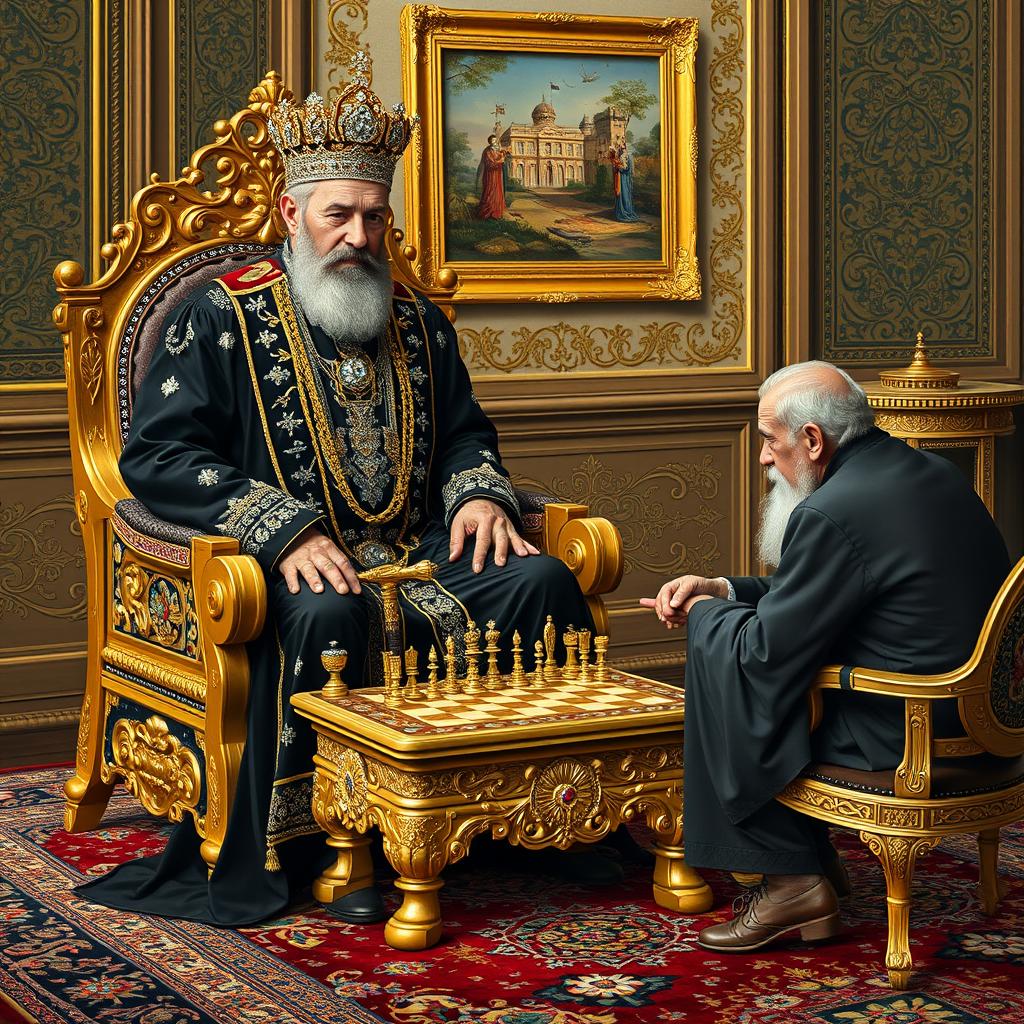 A magnificent scene depicting an older Naser al-Din Shah Qajar in the Golestan Palace, wearing a luxurious black outfit intricately adorned with diamonds and gold accents