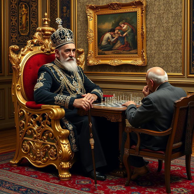 A magnificent scene depicting an older Naser al-Din Shah Qajar in the Golestan Palace, wearing a luxurious black outfit intricately adorned with diamonds and gold accents