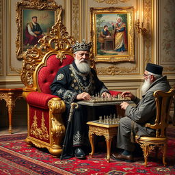 A magnificent scene depicting an older Naser al-Din Shah Qajar in the Golestan Palace, wearing a luxurious black outfit intricately adorned with diamonds and gold accents