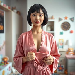 A cute 32-year-old woman with mixed facial features from France and Japan, standing in her son's bedroom holding one of his shirts that she picked up off the floor