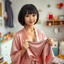 A cute 32-year-old woman with mixed facial features from France and Japan, standing in her son's bedroom holding one of his shirts that she picked up off the floor