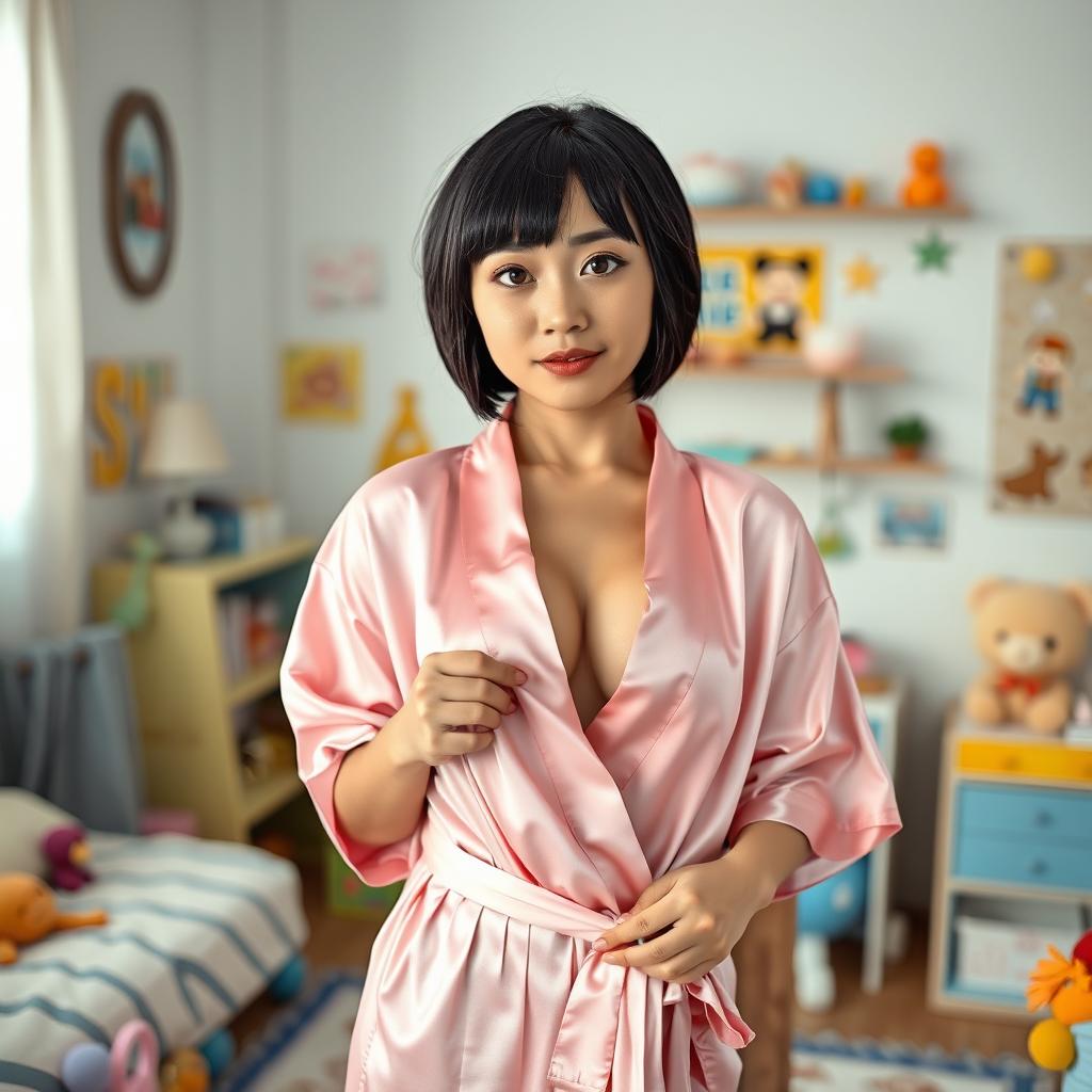 A cute 32-year-old woman with mixed facial features from France and Japan, standing in her son's bedroom holding one of his shirts that she picked up off the floor