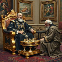 A richly detailed scene depicting an older Naser al-Din Shah Qajar in the Golestan Palace, wearing an exquisite black outfit adorned with intricate diamonds and gold