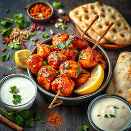 A flavorful scene depicting Indian Tandoori Chicken, showcasing vibrant red and orange marinated chicken pieces skewered and cooked in a traditional clay tandoor oven