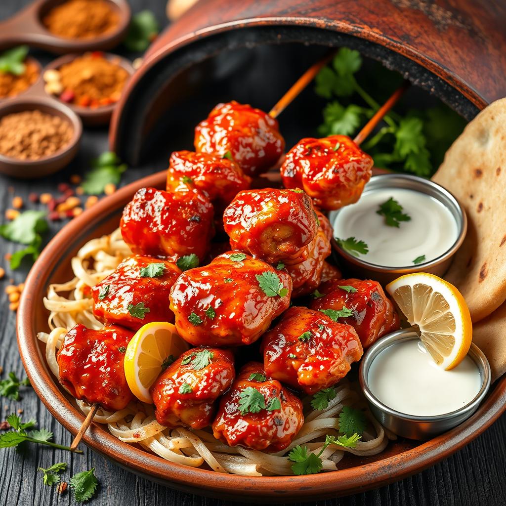 A flavorful scene depicting Indian Tandoori Chicken, showcasing vibrant red and orange marinated chicken pieces skewered and cooked in a traditional clay tandoor oven