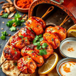 A flavorful scene depicting Indian Tandoori Chicken, showcasing vibrant red and orange marinated chicken pieces skewered and cooked in a traditional clay tandoor oven
