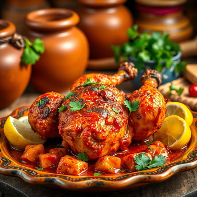 An artistic representation of an Indian Tandoori Chicken, beautifully marinated and roasted, showcasing vibrant colors of spices including orange, red, and yellow