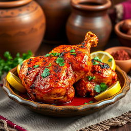 An artistic representation of an Indian Tandoori Chicken, beautifully marinated and roasted, showcasing vibrant colors of spices including orange, red, and yellow