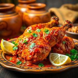 An artistic representation of an Indian Tandoori Chicken, beautifully marinated and roasted, showcasing vibrant colors of spices including orange, red, and yellow