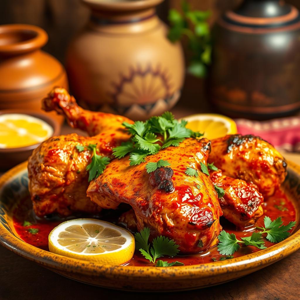 An artistic representation of an Indian Tandoori Chicken, beautifully marinated and roasted, showcasing vibrant colors of spices including orange, red, and yellow