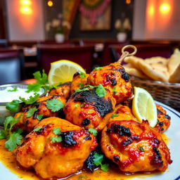 A vibrant and colorful plate of Tandoori chicken, showcasing succulent pieces of chicken marinated in a blend of yogurt and spices, with a beautiful charred appearance from the tandoor oven