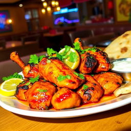 A vibrant and colorful plate of Tandoori chicken, showcasing succulent pieces of chicken marinated in a blend of yogurt and spices, with a beautiful charred appearance from the tandoor oven