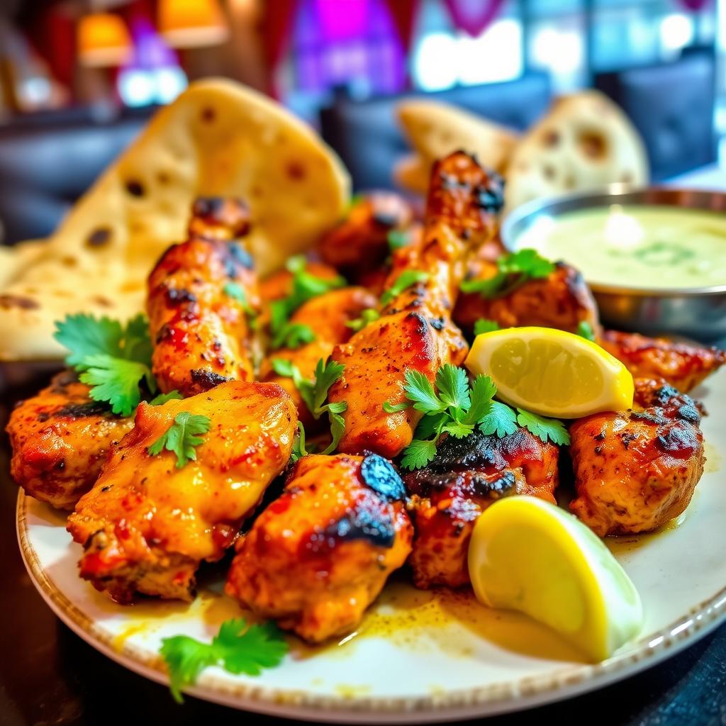 A vibrant and colorful plate of Tandoori chicken, showcasing succulent pieces of chicken marinated in a blend of yogurt and spices, with a beautiful charred appearance from the tandoor oven