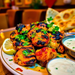 A vibrant and colorful plate of Tandoori chicken, showcasing succulent pieces of chicken marinated in a blend of yogurt and spices, with a beautiful charred appearance from the tandoor oven