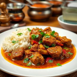 A beautifully arranged plate of Pakistani Gosht Curry, showcasing tender pieces of marinated meat swimming in rich, aromatic gravy with vibrant spices