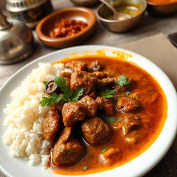 A beautifully arranged plate of Pakistani Gosht Curry, showcasing tender pieces of marinated meat swimming in rich, aromatic gravy with vibrant spices