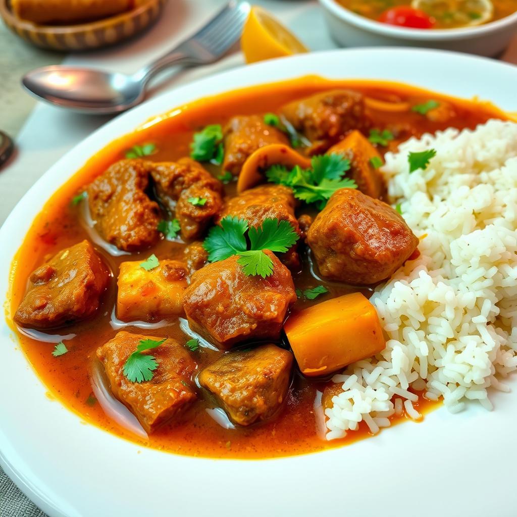 A beautifully arranged plate of Pakistani Gosht Curry, showcasing tender pieces of marinated meat swimming in rich, aromatic gravy with vibrant spices