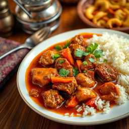 A beautifully arranged plate of Pakistani Gosht Curry, showcasing tender pieces of marinated meat swimming in rich, aromatic gravy with vibrant spices