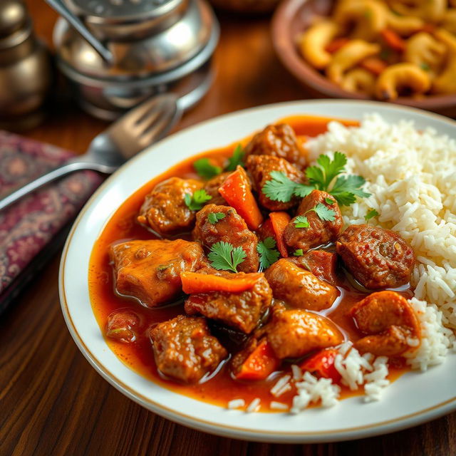 A beautifully arranged plate of Pakistani Gosht Curry, showcasing tender pieces of marinated meat swimming in rich, aromatic gravy with vibrant spices