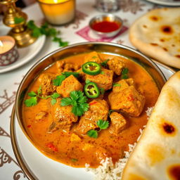 A beautifully styled bowl of Pakistani Gosht Curry filled with tender pieces of lamb simmered in a rich, aromatic gravy, garnished with fresh cilantro and slices of green chili