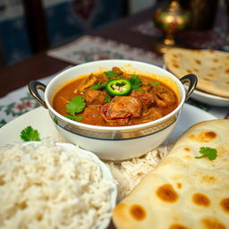 A beautifully styled bowl of Pakistani Gosht Curry filled with tender pieces of lamb simmered in a rich, aromatic gravy, garnished with fresh cilantro and slices of green chili