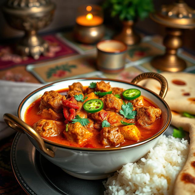 A beautifully styled bowl of Pakistani Gosht Curry filled with tender pieces of lamb simmered in a rich, aromatic gravy, garnished with fresh cilantro and slices of green chili