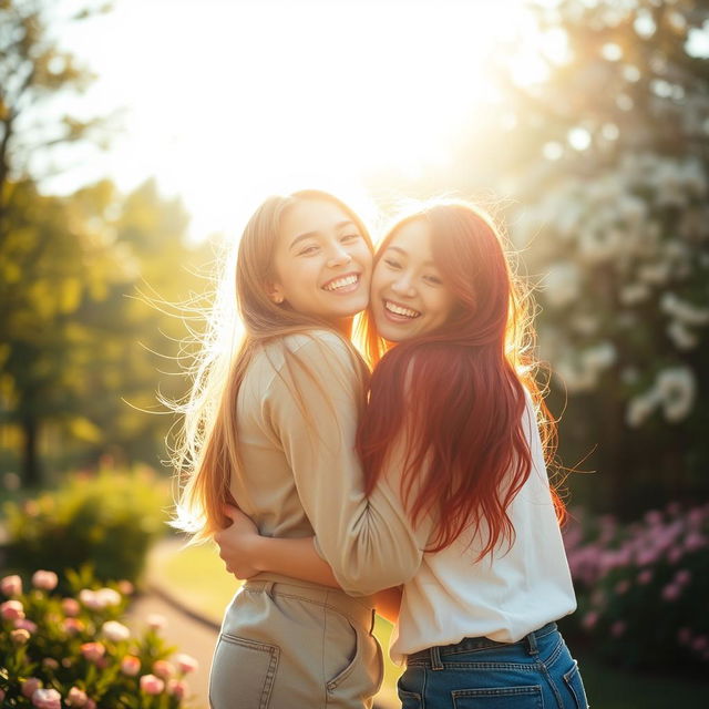 A warm and intimate scene featuring two girls joyfully embracing each other from behind, with their shoulders touching