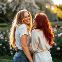 A warm and intimate scene featuring two girls joyfully embracing each other from behind, with their shoulders touching
