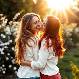 A warm and intimate scene featuring two girls joyfully embracing each other from behind, with their shoulders touching