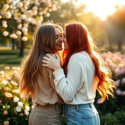 A warm and intimate scene featuring two girls joyfully embracing each other from behind, with their shoulders touching
